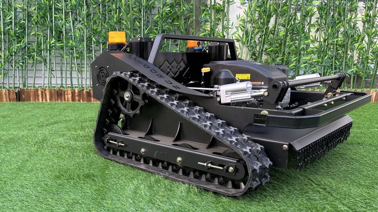 remote operated lawnmower with snow plow snow blade snow shovel snow removal machine