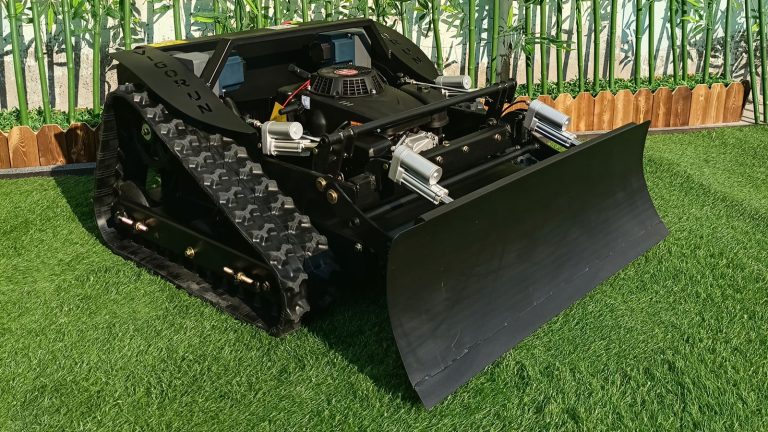 remote operated lawn mower trimmer with snow plow snow blade snow shovel snow removal machine